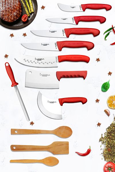 LAZBİSA Silver Series Kitchen Knife Set Row Crescent Pastry Knife and Montessev Wooden Spoon Set (11 Pieces)