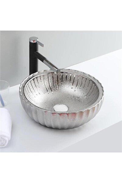 PUROSER Luvia Yuvarlak Gümüş Tezgah Üstü Seramik Lavabo