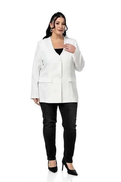DISENTIS MODEST Plus Size Plated Buttoned Ornamental Pocket Flap Padded White Jacket