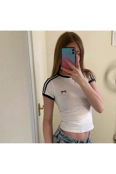 Köstebek Black Crop Top - Short Sleeve with White Bow and Ribbon Detail