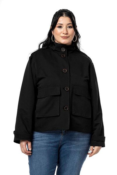 DISENTIS MODEST Large Size Stand Collar Clamshell Bag Pocket Lined Short Black Trench Coat