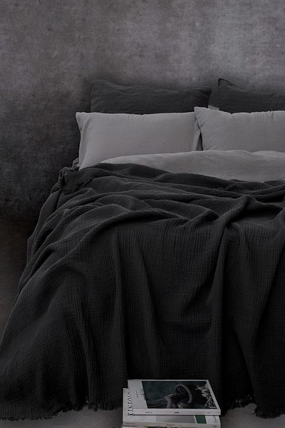 Barine Cocoon Cotton 4 Layer Muslin Bedspread Black 200X220