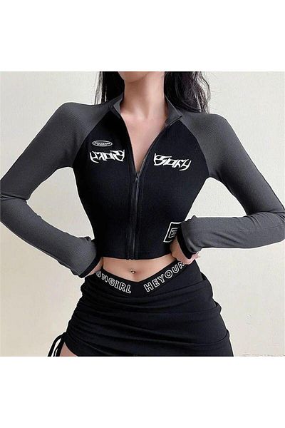 Köstebek Μαύρη αθλητική ζακέτα με φερμουάρ Harajuku Streetwear
