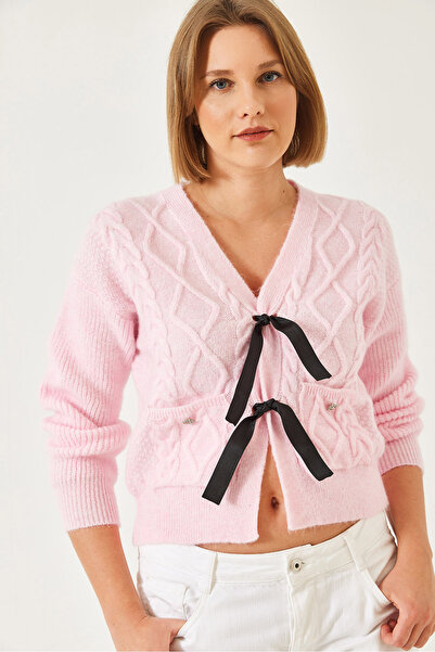 Bianco Lucci Women's Knitted Cardigan with Bow Front Pocket 20247544