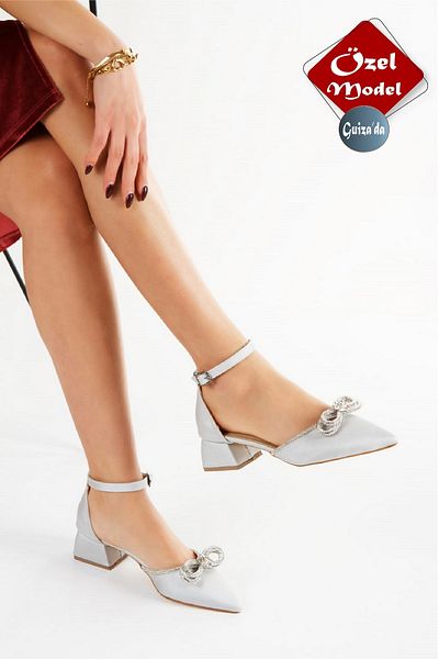 GUİZA Satin Low Heeled Shoes, Women's Shoes with Stone Bows for Daily and Special Occasions
