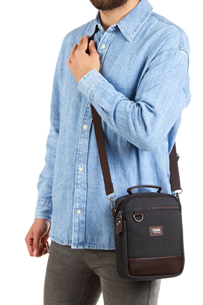 Newish Polo حقيبة ماسنجر قماشية ملونة موديل 2403 - حقيبة يومية سوداء مع حزام كتف