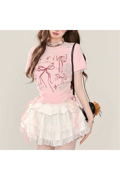 Köstebek Star Collage Pink Bow - Short Sleeve Crop