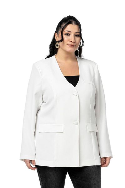 DISENTIS MODEST Plus Size Plated Buttoned Ornamental Pocket Flap Padded White Jacket