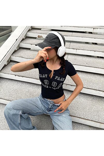 Köstebek Crop cu mânecă scurtă Naat Faak Rock, de epocă, albastru marin