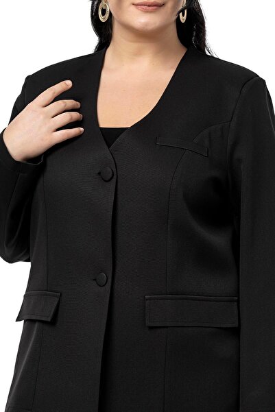 DISENTIS MODEST Plus Size Plated Buttoned Ornamental Pocket Flap Padded Black Jacket