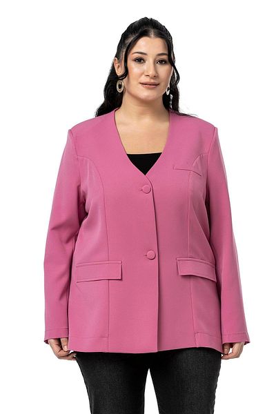 DISENTIS MODEST Plus Size Coating Buttoned Ornamental Pocket Flap Padded Dusty Rose Jacket