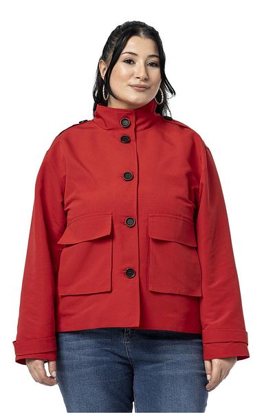 DISENTIS MODEST Trench scurt, roșu, cu guler ridicat, cu buzunare pentru geantă