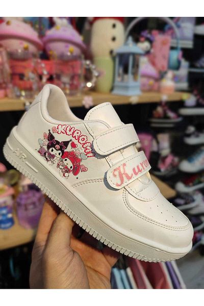 MECH BUTİK Pantofi sport cu velcro alb cu imprimeu cu balon Kuromi