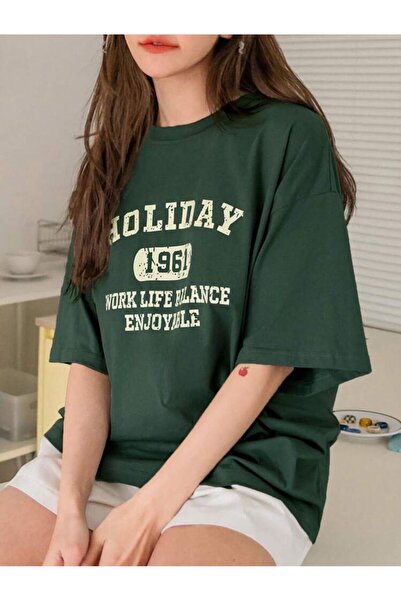 caddekombin Holiday Kadın Rahat Kalıp Pamuk Penye Yuvarlak Yaka Yeşil T-shirt