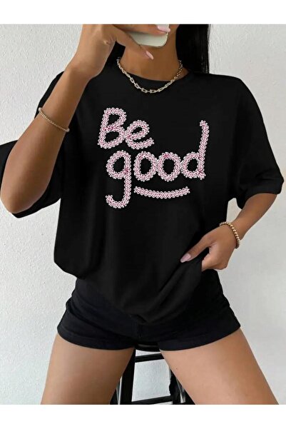 caddekombin Tricou negru din bumbac pieptănat, cu imprimeu, confortabil, pent...