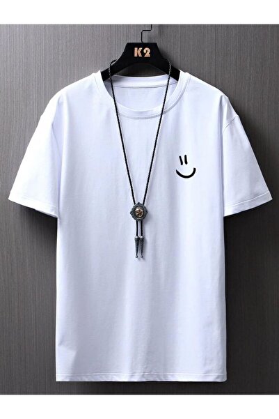 caddekombin تي شيرت أبيض مريح من القطن الممشط مطبوع عليه وجه مبتسم للجنسين