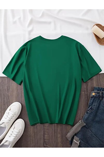 caddekombin Love All Day Baskılı Pamuk Penye Yuvarlak Yaka Yeşil T-shirt