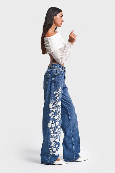 its basic Λευκό Floral Κεντημένο Γυναικείο Τζιν - Σχέδιο Loose Fit, Χρώμα Τζιν