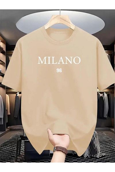 caddekombin Milono 96 Patterned Unisex Cotton Round Neck Beige T-Shirt