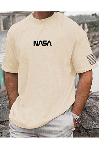caddekombin تيشيرت Nasa بأكمام مطبوعة للجنسين من القطن برقبة دائرية باللون البيج