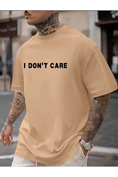 caddekombin Tricou bej din bumbac pieptănat cu imprimeu I Dont Care