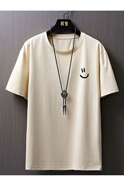 caddekombin Tricou unisex din bumbac bej cu imprimeu Smiley - Confort de bază