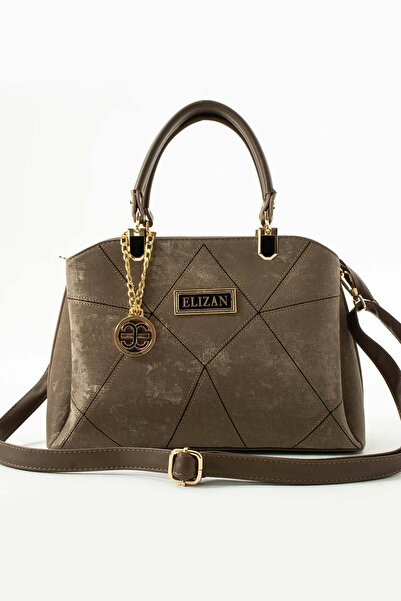 Elizan Nakışlı 3 Bölmeli Koyu Vizon Nubuk Deri Kadın Çantası