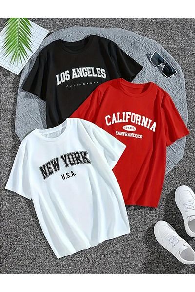 caddekombin Set of 3 Basic Printed Cotton Combed Round Neck Black-Red-White T-Shirt