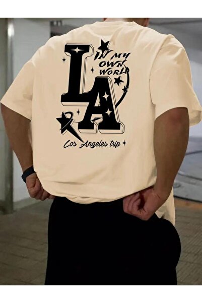 caddekombin Μπλουζάκι από βαμβακερό στρογγυλό λαιμόκοψη σε μπεζ χρώμα με στάμ...