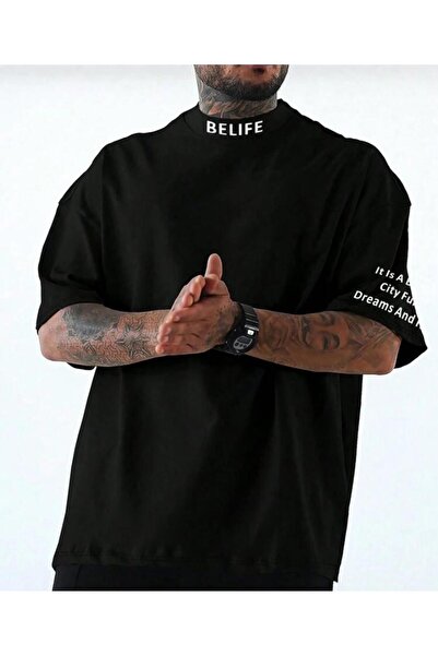 caddekombin Belife Collar Sleeve Printed Cotton Round Neck Black T-Shirt