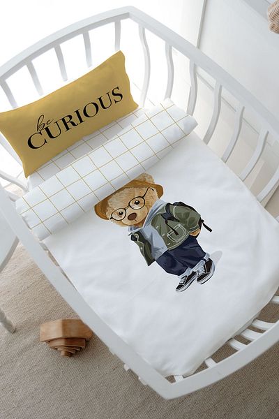 Tuğba Kuğu Pure Baby Series - Mother's Side Crib Duvet Cover Set (60X100) - Bear with Glasses
