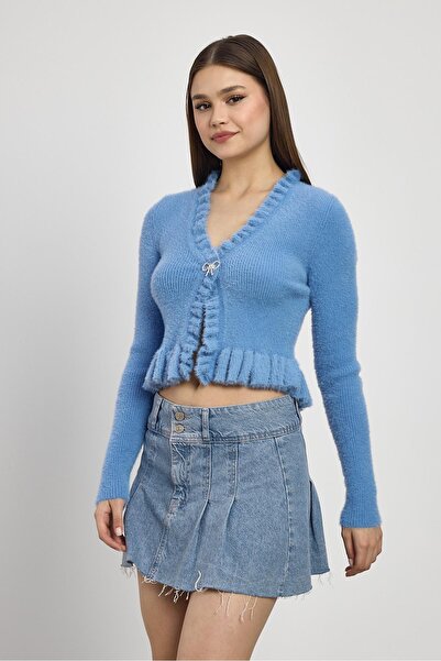 Rays 6801 Etek Fırfır Detay Kısa Hırka Mavi