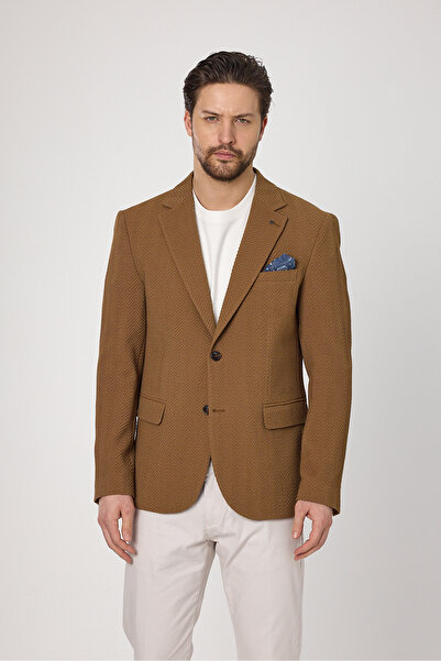 Frappoli Lores Erkek Hardal Balıksırtı Desenli Esnek Likralı Kumaş Yazlık Ceket