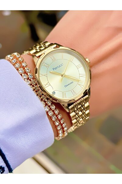 Ferrucci ÇELİK KORDON FERRUCCİ DIAMOND (PIRLANTA TAŞLI) ÖZEL TASARIM KADIN KOL SAATİ+BİLEKLİK HEDİYELİ