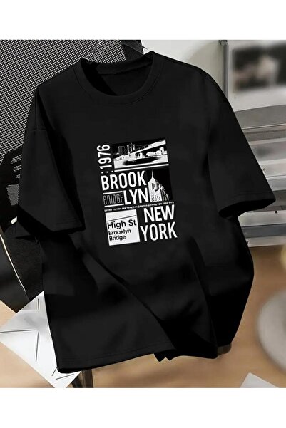 caddekombin Μαύρο μπλουζάκι από βαμβακερό στάμπα με στρογγυλή λαιμόκοψη