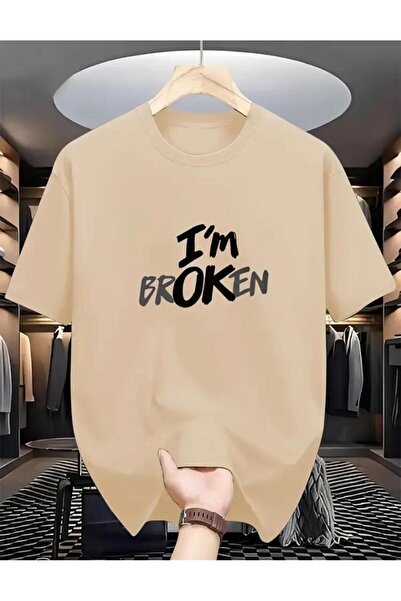 caddekombin Μπλουζάκι I'M Broken από βαμβακερό μπεζ με στρογγυλή λαιμόκοψη