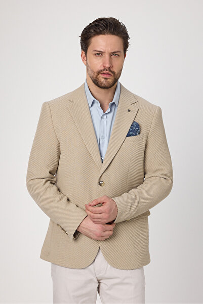 Frappoli Sandeo Erkek Bej Diagonel Desenli Esneyen Kumaş Likralı Blazer Ceket