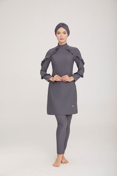Remsa Mayo Ruffle Design Lycra Fully Covered Hijab Swimsuit Mırına 4104 Anthracite