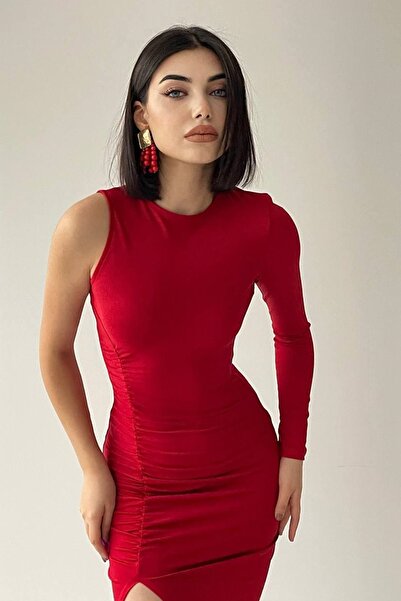 lovebox Women's Sandy Fabric One Sleeve and Slit Design Midi Red Dress 210