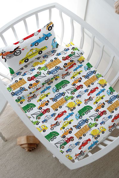 Tuğba Kuğu Mother's Side Crib Duvet Cover Set (60X100) - Iconic Series - Colorful Vehicles