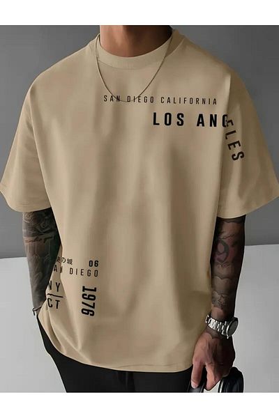 caddekombin Sandıego California Sleeve Printed Cotton Combed Round Neck Beige T-Shirt