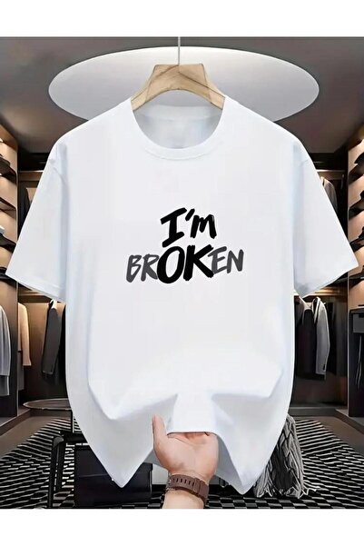 caddekombin Tricou alb din bumbac cu gât rotund cu imprimeu I'M Broken