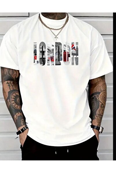 caddekombin تي شيرت أبيض برقبة دائرية من القطن مطبوع عليه مدينة لندن