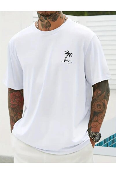 caddekombin Tricou alb cu gât rotund din bumbac pieptănat Little Palm Tree