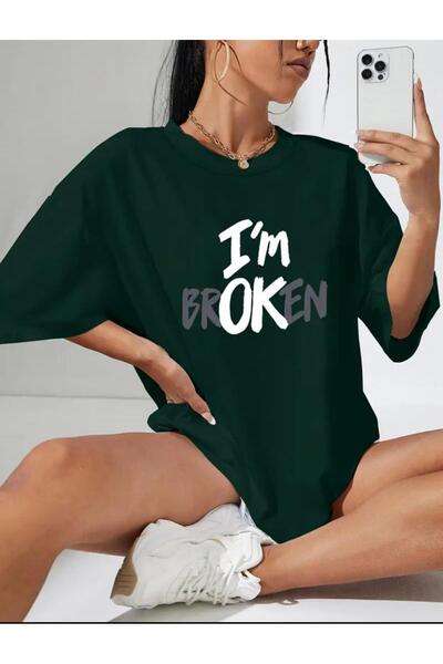 caddekombin Tricou negru din bumbac cu gât rotund cu imprimeu I'M Broken