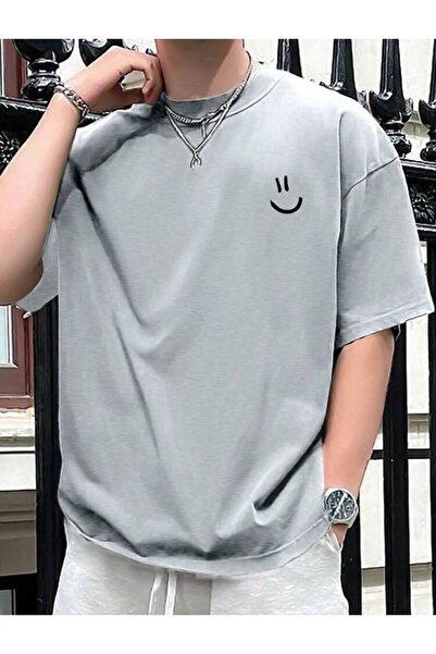 caddekombin Bumbac gri unisex bumbac moale - Față zâmbitoare și piept cu impr...