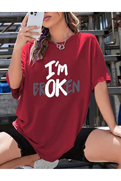 caddekombin Tricou roșu din bumbac cu gât rotund cu imprimeu I'M Broken