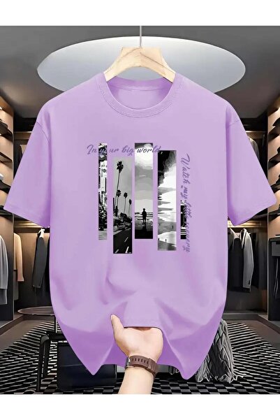 caddekombin Big Wolt Baskılı Unisex Comfortable Kalıp Pamuk Penye Lila  T-shirt