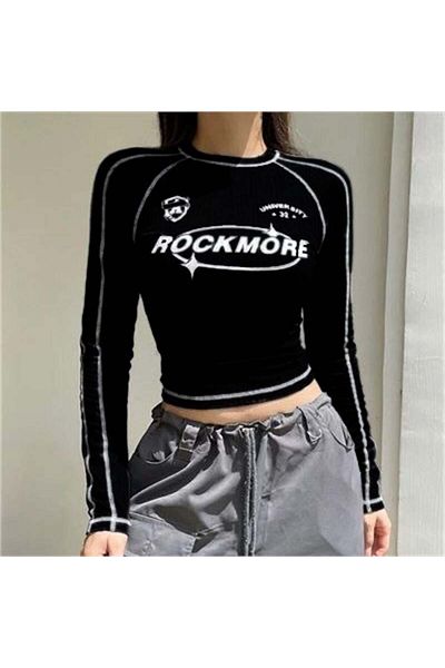Köstebek Top crop negru cu mânecă lungă Rockmore University 32