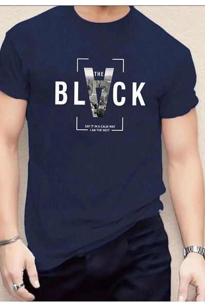 caddekombin Black Printed Unisex Cotton Round Neck Navy Blue T-Shirt